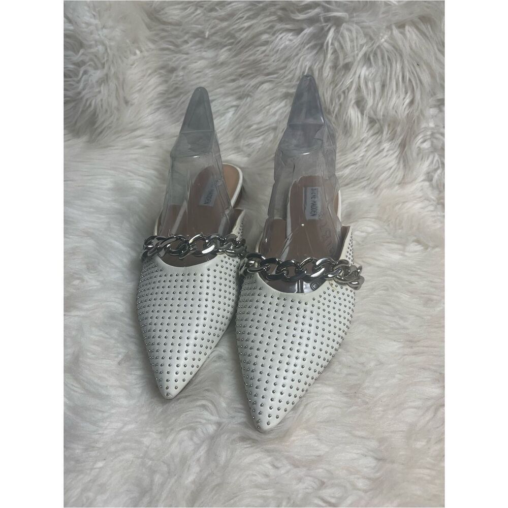 Steve Madden Synthetic White Studded Pointed Toe Mules Flats Silver Chain SZ10M